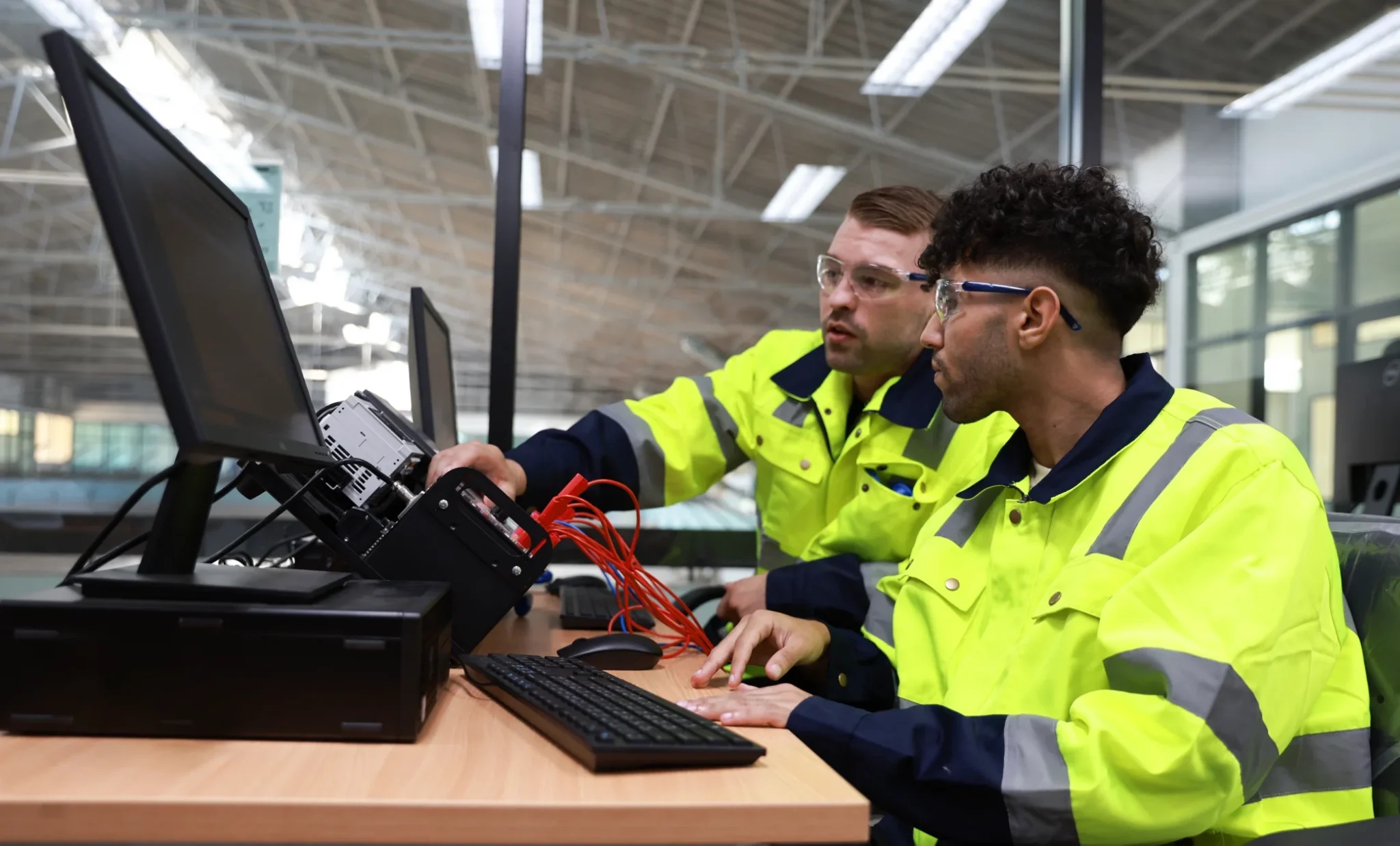 Two workers in safety gear collaborate on a technical project.